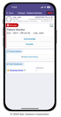 Epic Rover alert on an Ascom Myco 4 smartphone.