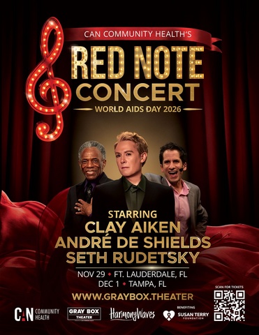 original Join CAN Community Health for its 2nd Annual World AIDS Day Concert, an unforgettable evening of music, remembrance, and hope in Fort Lauderdale and Tampa. Acclaimed recording artist and Broadway performer Clay Aiken headlines, with a special opening performance by Tony, Grammy, and Emmy Award winner André De Shields. Celebrated SiriusXM Broadway host, musician, actor, and author Seth Rudetsky serves as music director.
Commemorating World AIDS Day and CAN’s 35th anniversary, these concerts honor lives lost to HIV/AIDS, celebrate those living with HIV, and inspire action toward ending the epidemic. Through the power of music and community, we will raise awareness, challenge stigma, and champion access to compassionate care.
Proceeds benefit the Susan Terry Foundation, continuing a legacy of compassion and community support. Come for the music. Leave inspired to make a difference. Tickets available at www.graybox.theater