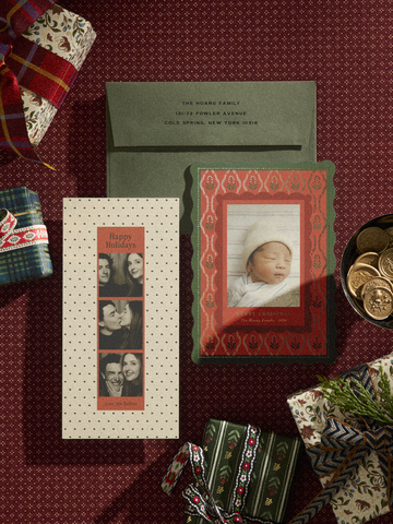 thumbnail Minted’s 2026 holiday cards embrace playful patterns and nostalgic photo strips, with tall formats that stand out in the mail. Shown here are Merry Dots, a foil-pressed tall holiday card by Kercia Jane and Tulip Edge, a foil-pressed holiday card by Amy Kross. Courtesy of Minted.