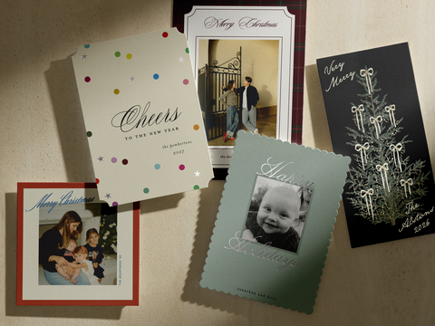 thumbnail Independent artists are at the heart of everything Minted does, including its 2026 holiday card collection. Shown here Timeless Script by Maja Cunningham, Confetti by Morgan Kendall, Holiday Traditions by Stacey Meacham, This Moment by Corinne Malesic and Tall Tree by Leah Bisch. Courtesy of Minted.