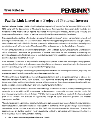 original Pacific Link Listed as a Project of National Interest