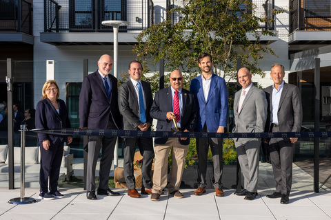 Grand Opening of One Webb Ave. (Credit: The NRP Group). L-R: Bridget Gibbons, Director of Economic Development for the County; Robert Weisz, Chief Executive Officer, RPW Group; Andrew Weisz, President, RPW Group; Mayor Tom Scappaticci, City of Harrison; Jonathan Gertman, Senior Vice President of Development, The NRP Group; Michael Romita, President and Chief Executive Officer, Westchester County Association; and J. David Heller, President, CEO and Cofounder of The NRP Group.