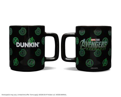 thumbnail The limited-edition Avengers: Doomsday-Themed Color-Changing Mug features film and Dunkin’  branding with character-inspired icons, available at participating Dunkin’ restaurants nationwide beginning Nov. 4, while supplies last.