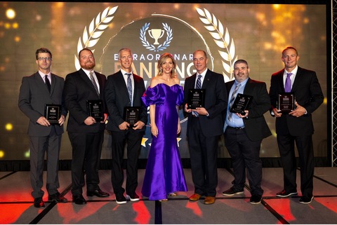 Members of Dream First Bank’s Management pictured with Roxanne Emmerich, Chair and Founder of The Institute for Extraordinary Banking™ at the Awards event in Atlanta, GA.  From left-to-right: Chief Financial Officer Shane VerDught, Regional President Andrew German, Chief Lending Officer Matt Bennett, Roxanne Emmerich, CEO Chris Floyd, Elevate Vice President Tyler Newell and Regional President Caleb Sekavec.