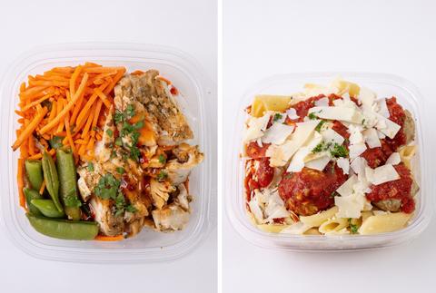 original Morrison Healthcare launches its After-Hours menu to support patient dining. A few examples of menu items from left to right: Thai Chili Chicken & Rice Bowl and Italian Meatball with Penne Pasta.