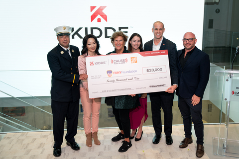 iHeartIMPACT in partnership with Kidde’s Cause For Alarm™ program presented a $20,000 donation to the FDNY Foundation to support its efforts to expand access to life-saving fire safety education and detection resources across New York City communities on Thursday, October 1, 2026, in New York, NY. Pictured from left to right: Ryan Gorecki (Chief at FDNY Foundation), Isis Wu (President of Global Residential Fire & Safety at Kidde), Jean O’Shea (Executive Director at FDNY Foundation), Allison Snow (Merchant at The Home Depot), Steve DeLusant (Regional President at iHeartMedia), and Ben Henry (Vice President Enterprise Sales at iHeartMedia) (Photo by Angelina Katsanis / Kidde / AP Images)