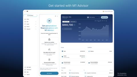 M1 Advisor, an AI financial advisor built into the M1 platform, uses a client's investment, cash, and borrowing accounts, plus outside accounts connected through Plaid, to answer questions and give personalized advice. M1 Advisor is offered by M1 Advisory Services, LLC, an SEC-registered investment adviser bound by the fiduciary standard. Illustrative screenshot; figures shown are hypothetical.