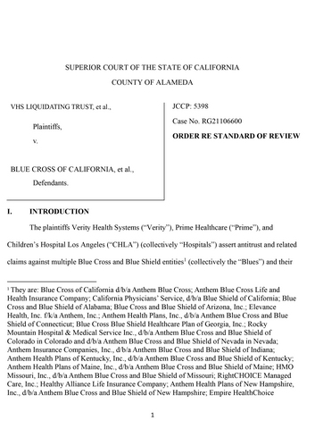 original Superior Court Order re Standard of Review — VHS Liquidating Trust et al., v. Blue Cross of California et al., Superior Court of California, County of Alameda, Case No. RG21106600 (JCCP No. 5398) (dated Oct. 6, 2026)