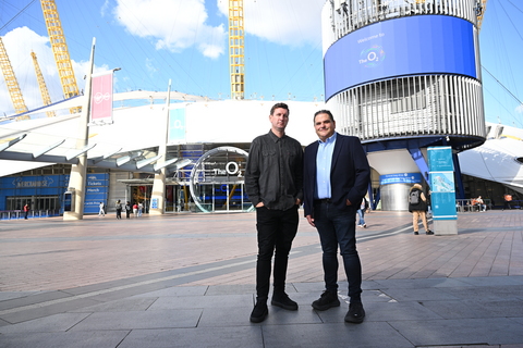 Gareth Griffiths, Director of Partnerships and Sponsorship at Virgin Media O2 (l) and Paul Samuels, President of Global Partnerships at AEG International outside The O2 in London