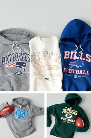 Roots x NFL new collection featuring: the New England Patriots, Seattle Seahawks, Buffalo Bills, Detroit Lions, Green Bay Packers.