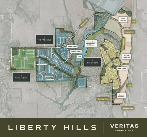 Conceptual site plan for Liberty Hills, an 866-acre master-planned community being developed by Veritas Communities in Anna, Texas. Liberty Hills will offer more than 1,800 new homes, along with shopping, dining, resort-style and nature-inspired amenities, and open green space. New-home sales are expected to begin in early 2027. Learn more at libertyhillstx.com.