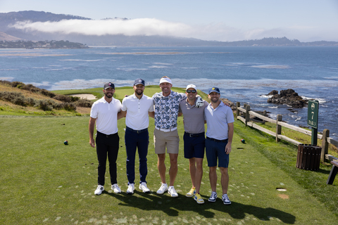 original PGA Player Max Homa, NBA Player Steph Curry, Country Artist Brett Young, DGDG CEO Jeremy Beaver & Jonathan Schwartz on Pebble Beach Golf Links at 2026 DGDG Invitational at Pebble Beach. (Photo by Sherman Chu and Manny Espinoza)