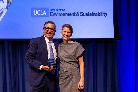 Tony Pritzker and Zuzana Buřivalová, Winner of the Pritzker Emerging Environmental Genius Award from UCLA IoES and the Anthony Pritzker Family Foundation. Credit: Alexandra Foley