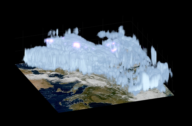 As Meteosat-13 enters operational service, this image combines observations from Meteosat Third Generationu2019s imager and sounder instruments to reveal the dynamics of the atmosphere over Europe. Credit: EUMETSAT