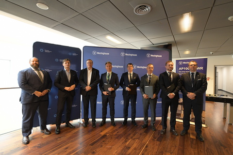 Westinghouse has signed conditional purchase orders with four Polish suppliers for safety-related modules for the first AP1000® unit to be built in Poland. From left: Westinghouse New Plant Supply Chain Vice President Sean Jones; Polskie Elektrownie Jądrowe President Marek Woszczyk; Westinghouse Senior Vice President New Build Projects EMEA Joel Eacker; Energomontaż-Północ Gdynia Vice President Bartosz Charkiewicz; Mostostal Krakow Commercial Director Paweł Śmigla;  Mostostal Kielce Director of Energy Business Jarosław Małek; FAMAK CEO Leszek Zagórski; and Westinghouse Poland President Mirosław Kowalik.