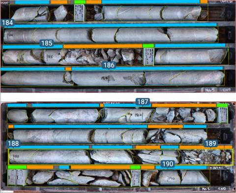 original Imago image analysis results showing core condition, fracture polylines, and AutoCrop boundaries on diamond-drilled core. Core condition delineates solid (blue), broken (orange), depth blocks (green), and gaps in recovered core.