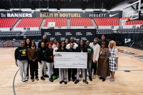 original BIRMINGHAM, Ala. (Oct. 13, 2026) — Birmingham Mayor Randall Woodfin joins the Woodlawn Colonels girls basketball team and staff at Boutwell Auditorium to celebrate a $50,000 First String donation from Hibbett and Nike supporting Woodlawn High School's boys and girls basketball programs. Photo courtesy of Hibbett