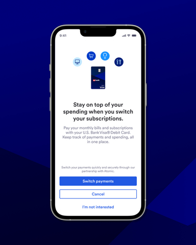 Payment Switch allows clients to seamlessly move recurring bills and subscriptions to a U.S. Bank debit or credit card with a few simple steps within the U.S. Bank Mobile App.