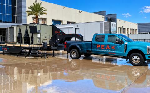 The demo truck features the fully operational Peak+ CORE and Peak+ HALO adiabatic pre-cooling systems on a trailer-mounted air-cooled chiller. Working condenser fans, live water supply, and functional controls let you watch adiabatic assist perform in real time.