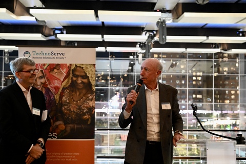 original TechnoServe CEO Will Warshauer (left) and former Board Chair Paul Tierney (right) speak at an event celebrating the 30th anniversary of TechnoServe’s flagship pro bono advisory initiative and announcing a landmark $5M commitment from Paul and Susan Tierney’s family foundation to benefit the newly renamed TechnoServe Tierney Fellows Program. (Photo: TechnoServe)
