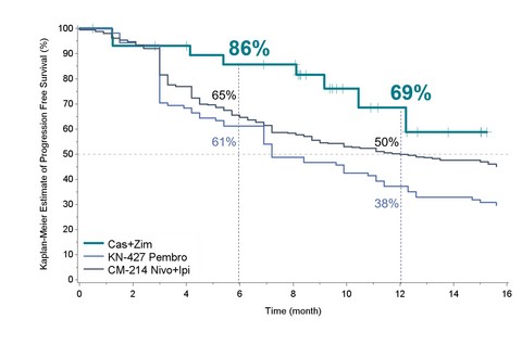 original Figure 1: 1L casdatifan (cas) + zimberelimab (zim) vs. immunotherapy benchmarks (KEYNOTE-427, CheckMate-214)