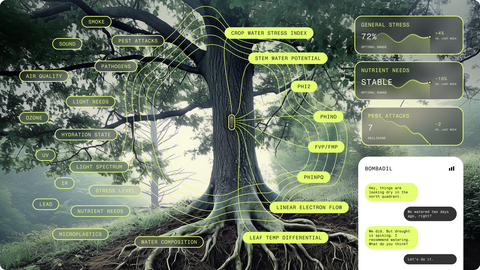 original Electric Plant Company’s Bud sensor translates a tree’s electrical signals and inputs into the Bombadil AI foundation model for real time health results.