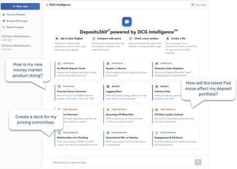 original DCG Intelligence™ is Darling Consulting Group's strategy-driven AI engine that enables bankers to ‘talk to' their vetted deposit and loan data, literally. Image Source: Darling Consulting Group, Deposits360°®