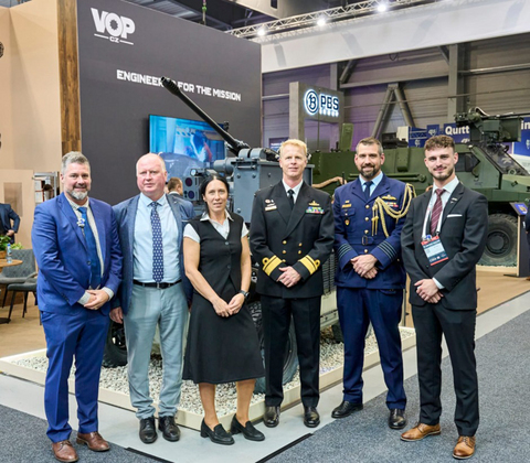 original EOS and VOP CZ sign a Memorandum of Understanding at Future Forces Forum in Prague. Left to right: Martin van de Voorde, Sales Director Europe, EOS; Vlastimil Navrátil, Managing Director, VOP CZ; Pavla Ungrová, Sales Director, VOP CZ; Rear Admiral Richard Caton, Australia’s Military Representative to NATO and the EU; Group Captain Michael Schleeman, Australia’s Defence Attaché; and Matej Pupák, Program Lead, VOP CZ.