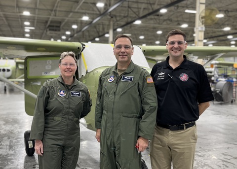 Maj. Gen. Regena Aye and Brig. Gen. R. Jason Bailey of the Civil Air Patrol tour Cessna piston assembly at Textron Aviation’s facility in Independence, Kansas