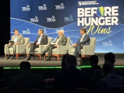 Pivot Bio Chief Technology Officer Travis Frey, Ph.D., leads a panel discussion titled “What If the Water Runs Out?” at the 2026 Norman E. Borlaug International Dialogue, hosted by the World Food Prize Foundation.