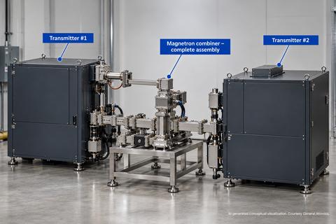 original AI-generated conceptual visualization of the magnetron combiner system being developed to help reduce the cost of nuclear waste treatment. Courtesy General Atomics.