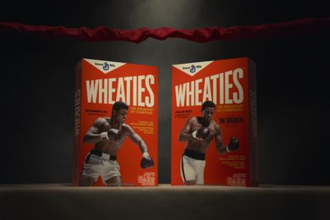 (L-R: Muhammad Ali and actor Jaalen Best appear on the collectible Wheaties box, which features a rare double-sided design, offering fans two displays of greatness on the iconic orange box.)