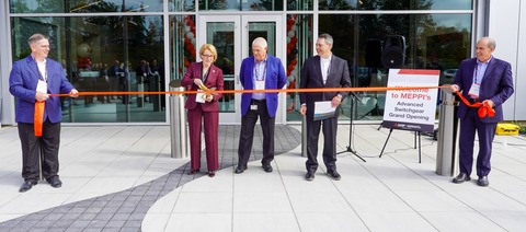 MEPPI Advanced Switchgear Factory ribbon cutting. From left: Leon Tate, Project Manager; Tricia Breeger, President and Chief Executive Officer; Joe Baker, Vice President and General Manager Switchgear; Steve Kochis, Power Systems Group Vice President; John Hall, General Manager Switchgear Operations.