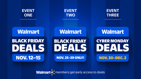 original Walmart’s Black Friday and Cyber Monday holiday events have been announced for the 2026 Holiday shopping season. Early Black Friday deals can be found November 12–15, with more Black Friday deals available November 23–29. And customers can shop Cyber Monday deals from November 30–December 2.