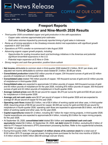 original Freeport Reports Third-Quarter and Nine-Month 2026 Results