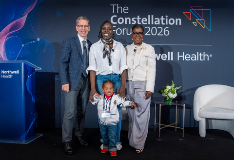 original Northwell’s CEO, Dr. John D’Angelo (left), stands with Fatimah Shepherd (middle), her son Oakari, and Northwell's Chief Nursing Officer, Dr. Launette Woolforde at the 2026 Constellation Forum, after Fatimah shared her story of being hospitalized while pregnant for more than five months. (Credit: Northwell Health)