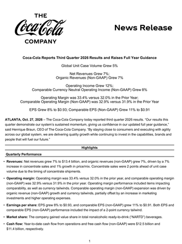 original Coca-Cola third quarter 2026 full earnings release