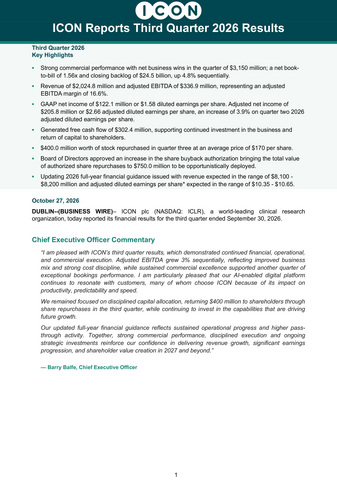 original ICON Reports Third Quarter 2026 Results