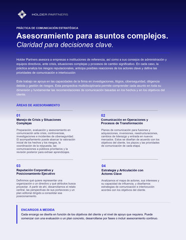 thumbnail Ficha de presentación de la práctica de Comunicación Estratégica de Holder Partners. Resume sus áreas de asesoramiento, enfoque y modalidades de colaboración.