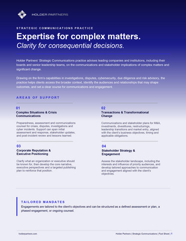 thumbnail Holder Partners’ Strategic Communications practice fact sheet, outlining its areas of support, client needs and engagement options.