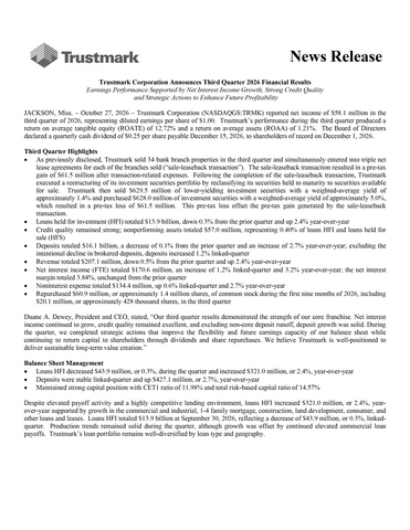 original Trustmark Corporation Announces Third Quarter 2026 Financial Results