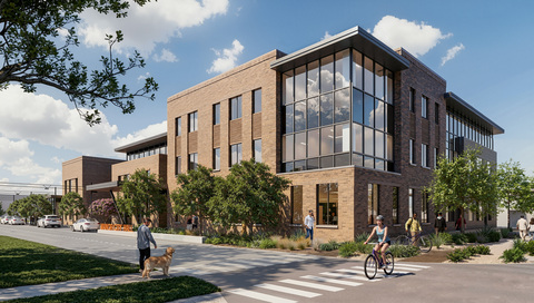 original Rendering of the proposed Manor City Hall, envisioned as a civic anchor for Manor Town Center in Manor, Texas, bringing city services and administrative offices together in one accessible location. (Rendering courtesy of PGAL)