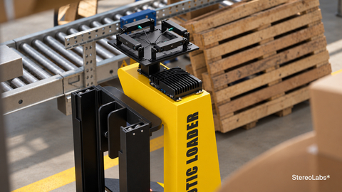 thumbnail Stereolabs ZED Box 2 on a forklift with 4 ZED X stereo cameras connected navigating a warehouse
