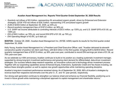 original Acadian Asset Management Inc. Reports Third Quarter Ended September 30, 2026 Results
