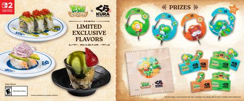 original Yoshi and the Mysterious Book x Kura Sushi Bikkura Pon collaboration features limited-time menu items and collectible prizes inspired by the kind, heroic green friend.