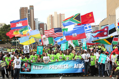 Advocates march through Durban, South Africa, during AHF’s Keep the Promise march in July 2016, as the International AIDS Conference returned to the city 16 years after the landmark 2000 gathering. The 2000 conference spurred AHF to begin providing treatment outside the United States in response to the dire lack of access to lifesaving HIV medicines in Africa.